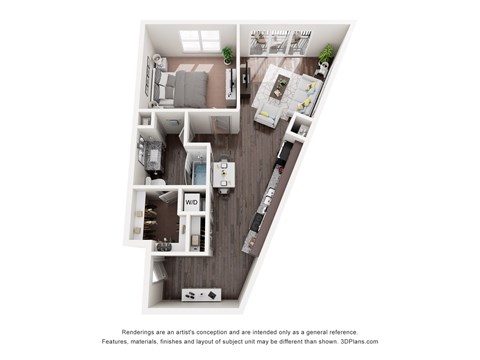 A 3D floor plan of a small apartment with a kitchen, living room, and bedroom.